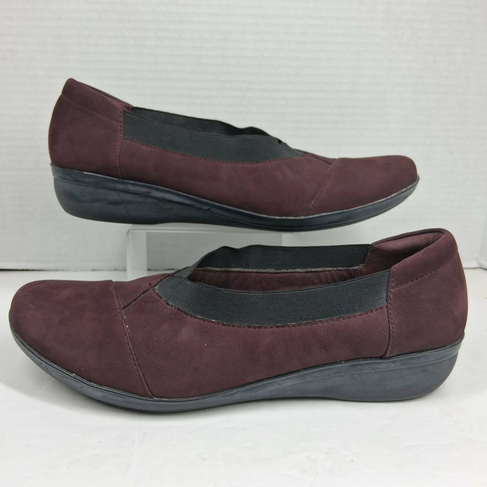 Clarks Collection Soft Cushion Burgundy Suede Slip On Wedge Loafers Womens 10 M